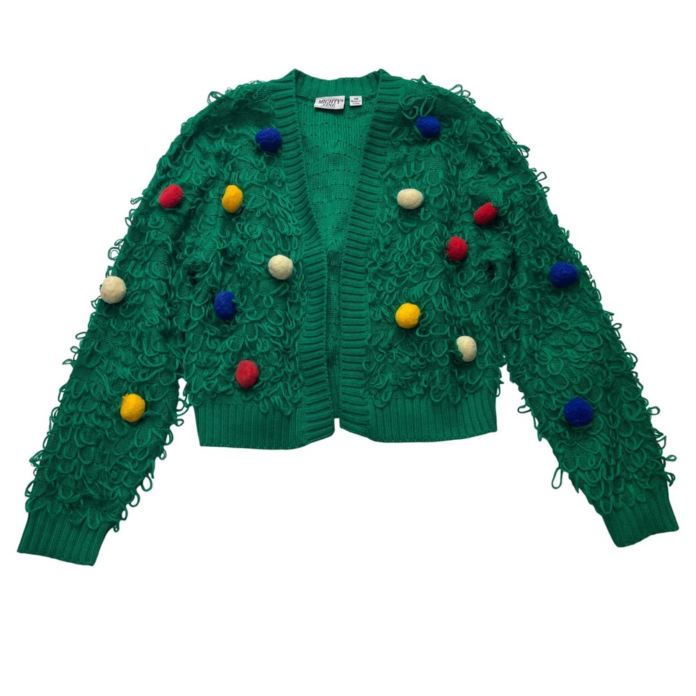 Mighty Fine Green Knit Pom Pom Cardigan Sweater Small‎ Open Front Ugly Christmas